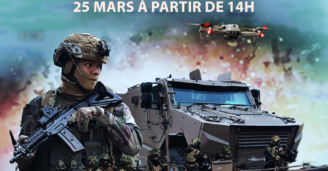 affiche du 1er régiment étranger de génie mettant en avant un légionnaire en tenue de combat, une section de l'équipe fluviale sur un EFG et un griffon. Il est écrit "Terra Nostra : présentations capacitaires le 25 mars à partir de 14h".