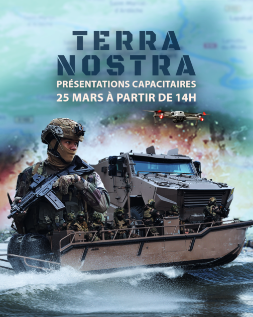 affiche du 1er régiment étranger de génie mettant en avant un légionnaire en tenue de combat, une section de l'équipe fluviale sur un EFG et un griffon. Il est écrit "Terra Nostra : présentations capacitaires le 25 mars à partir de 14h".