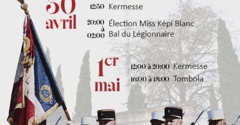 Affiche de Camerone 2026 au 1er Régiment étranger de génie. Le 30 avril aura lieu à 09:30 l’accueil du public, à 10:30 la Prise d’armes, à 12:30 la Kermesse, de 20:00 à 02:00 l’Élection Miss Képi Blanc Bal du Légionnaire. le 1er mai 12:00 à 20:00 la Kermesse et de 16:00 à 18:00 la Tombola de Camerone